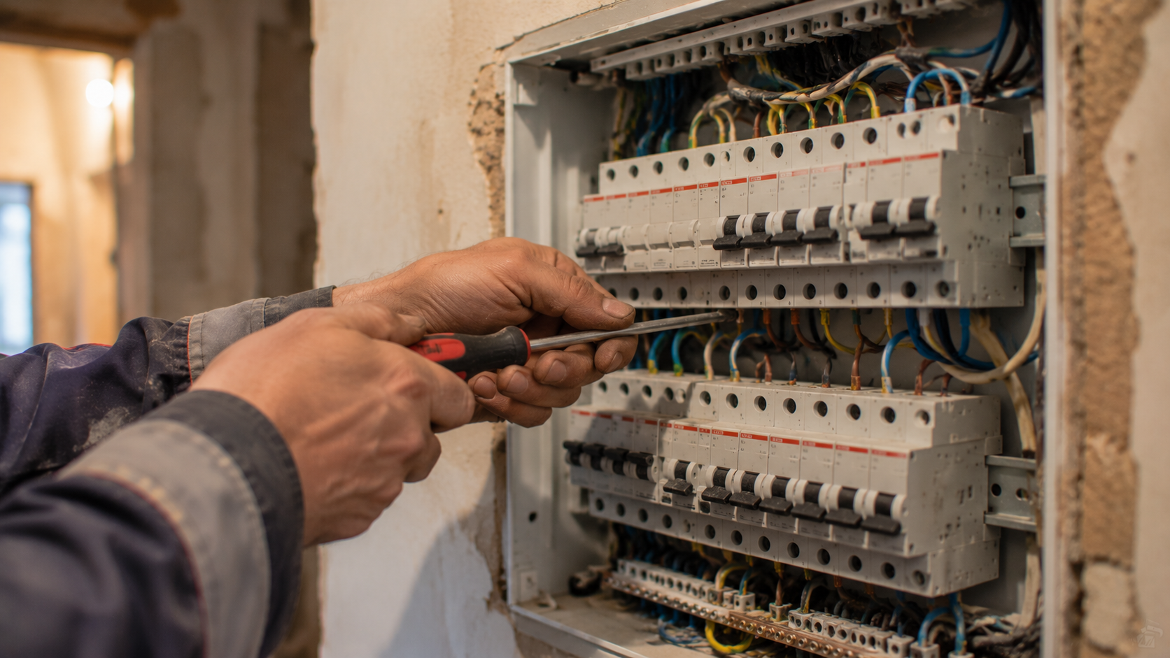 Электрик в спецодежде монтирует распределительный щиток в квартире в Караганде, крупный план рук с отвёрткой и автоматами